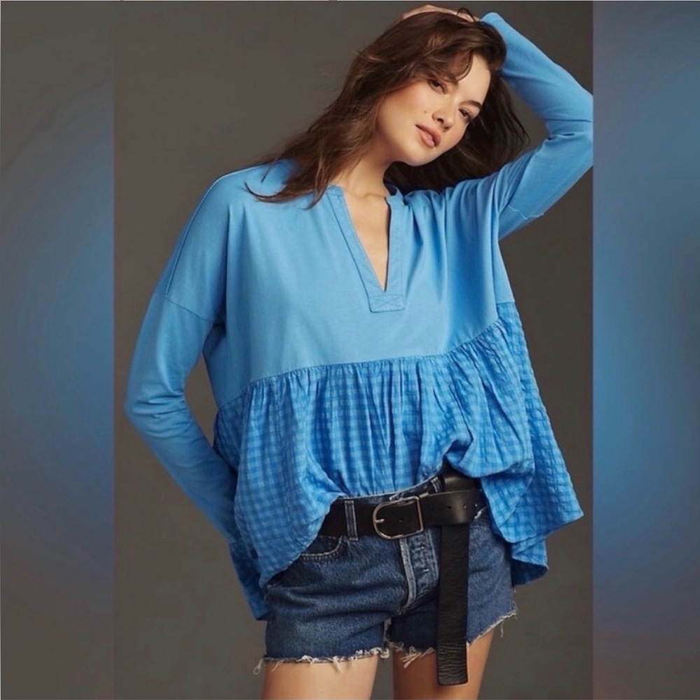Anthropologie Pilcro Sky Blue Babydoll Blouse with Gingham Detail Size Small-EUC